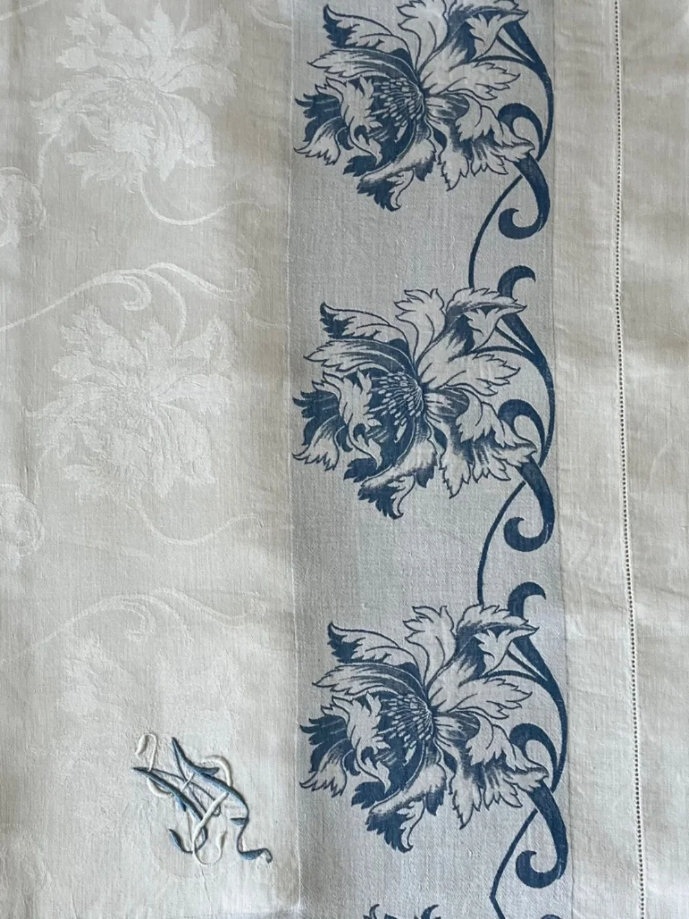 Vintage French Style Floral Damask Tablecloth with Embroidered Monogram MS